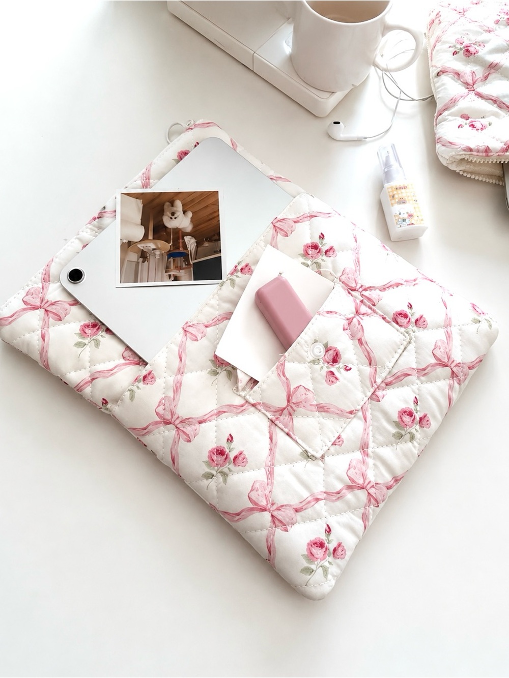 Quilted Pink Bow Rose iPad Laptop Sleeve Coquette Floral Tablet Case Cottagecore